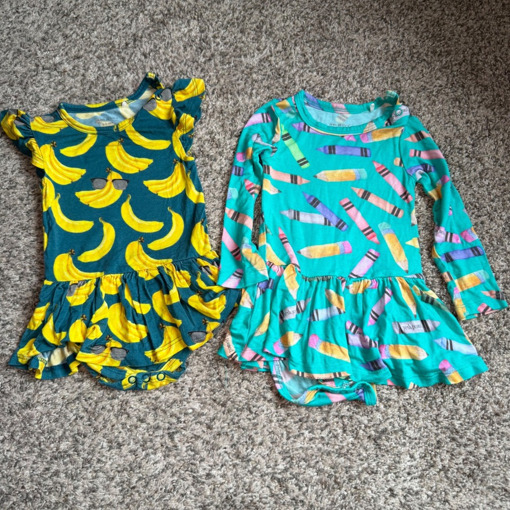Posh Peanut 6-12M Bamboo Skirted Bodysuit Bundle Banana Crayon Ruffle Romper Lot
